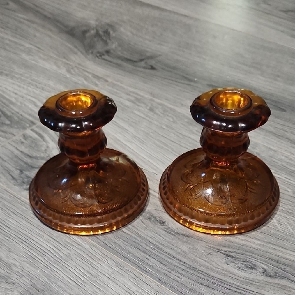 Vintage Set Of 2 Amber Tiara Indiana Glass Short Candlesticks